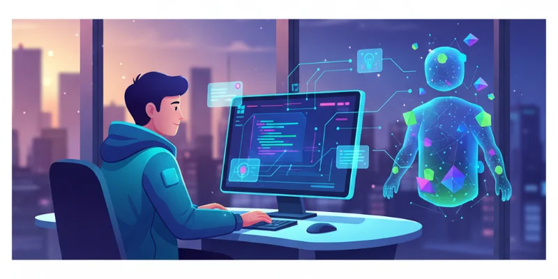 プログラマーがパソコンに向かってコードを書き、AIが隣でアドバイスをしているイラスト。