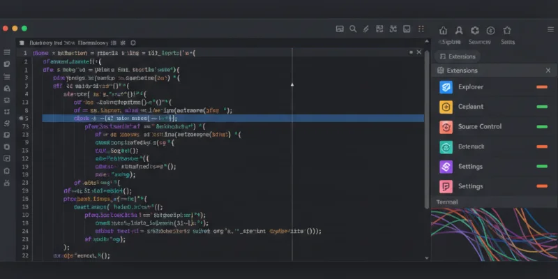 人気のテキストエディタの画面。コード編集画面と拡張機能のリストが表示されている様子。