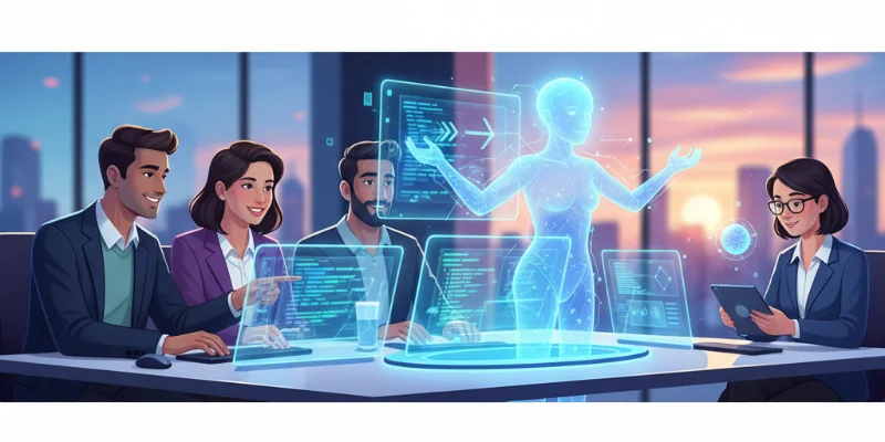 チーム開発の場面で、開発者たちが協力してコードを書いている様子。その傍らでAIアシスタントがサポートしている様子が描かれている。