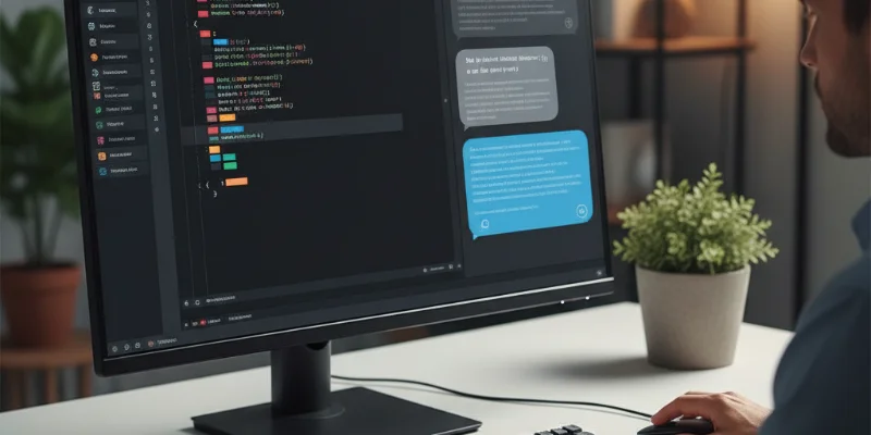 開発者がVSCodeで作業し、AIアシスタントと対話している様子。画面にはコードと自然言語によるやり取りが表示されている。