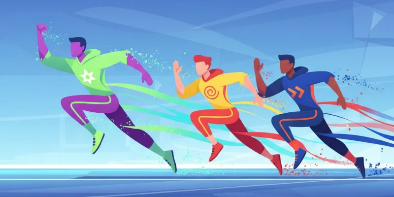 3つの競走している人物のイラスト。Astroが圧倒的に先行し、Next.jsとRemixが僅差で追いかけている様子を表現する。