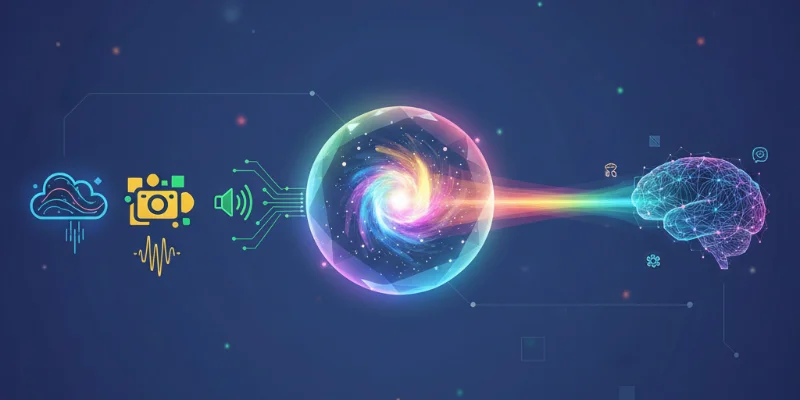 テキストと画像を同時に処理するAIの仕組みを、抽象的なイラストで表現。複数のデータの種類が一つに統合される様子が分かるようにする。