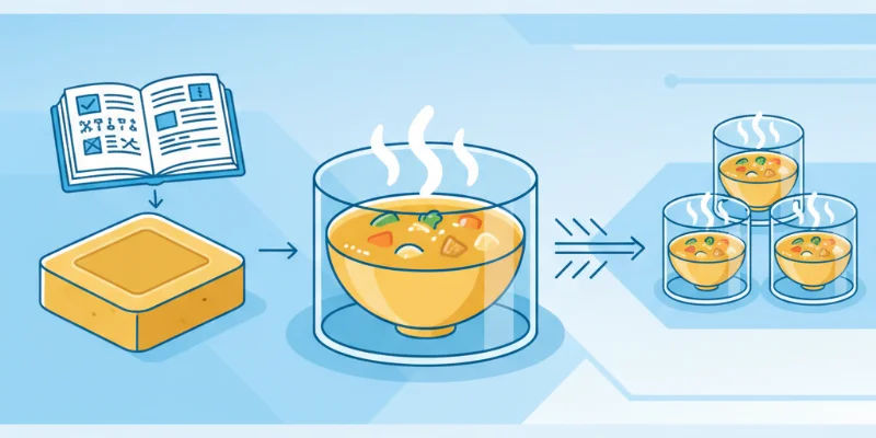 レシピ(Dockerfile)、カレールーの素(イメージ)、カレー(コンテナ)を視覚的に表現したイラスト。