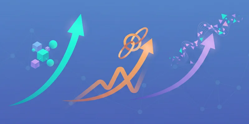 上昇するグラフと安定したグラフ、ゆるやかに上昇するグラフの3つのグラフを組み合わせたイラスト。それぞれのグラフにReact、Vue、Angularを関連付ける。