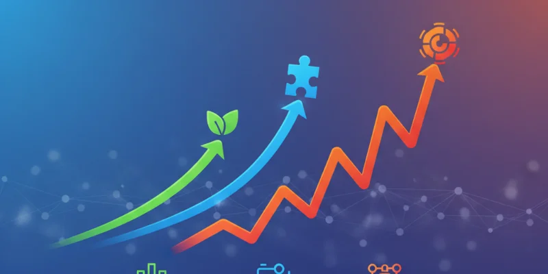 3つのフレームワークの学習曲線を異なる高さで表したイラスト。Vueが最も低く、Angularが最も高い。Reactは中間の高さ。