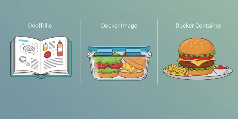 レシピ、調理済み材料セット、完成した料理をそれぞれ視覚的に表現したイラスト。
