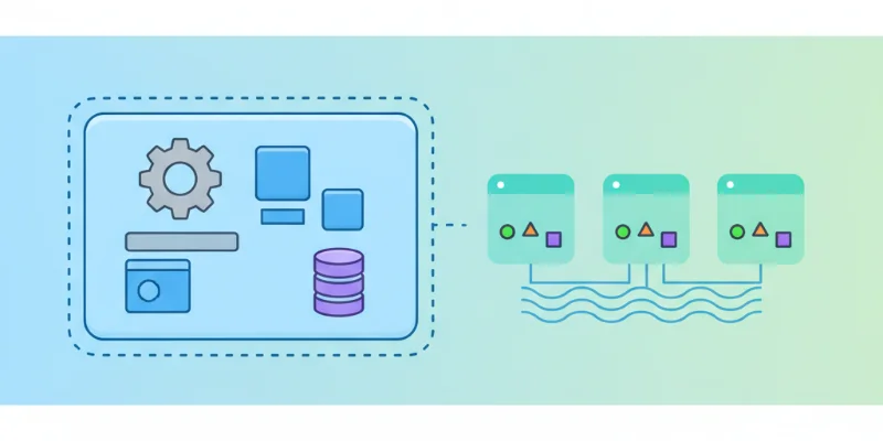 仮想マシンとコンテナをそれぞれ箱で表現し、仮想マシンのほうがはるかに大きく、コンテナは小さく軽量であることを示すイラスト。