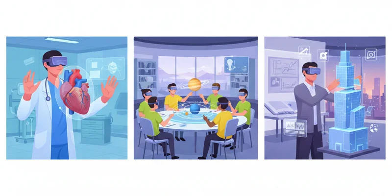 医療、教育、設計などの場面で空間コンピューティングが活用されている様子を示したイラスト。それぞれ異なる場面で、デバイスがどのように使われているかを分かりやすく表現する。