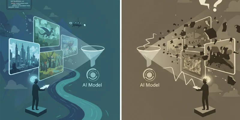 的確な指示（プロンプト）を与えると素晴らしい結果が得られ、曖昧な指示では期待外れの結果になることを対比させたイラスト。