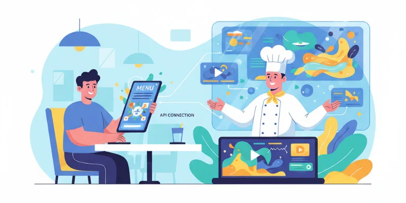 レストランでメニューを見て料理を注文する様子を、AIとAPIの関係性に例えたイラスト。AIがシェフ、APIがメニュー、プログラマーが客というイメージ。