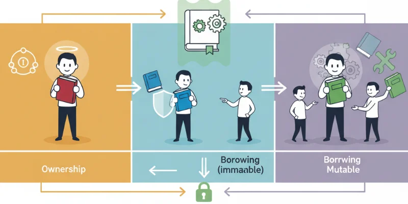図書館の本を所有権、借用（不変と可変）に例えたイラスト。本の貸し出し、返却、複数人での利用状況などを分かりやすく表現する。