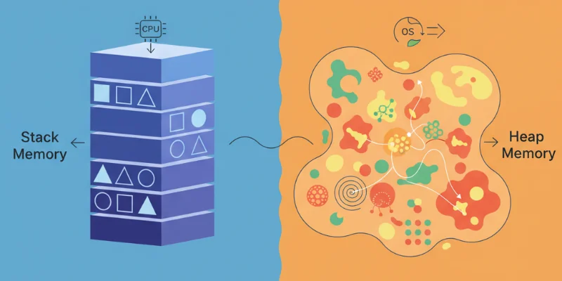 スタックとヒープの領域を視覚的に分かりやすく表現したイラスト。それぞれにデータがどのように格納されているかを抽象的に示す。