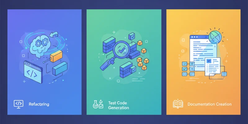 リファクタリング、テストコード生成、ドキュメント作成の3つのシーンをそれぞれイラストで表現。各イラストには簡潔なアイコンを使用。
