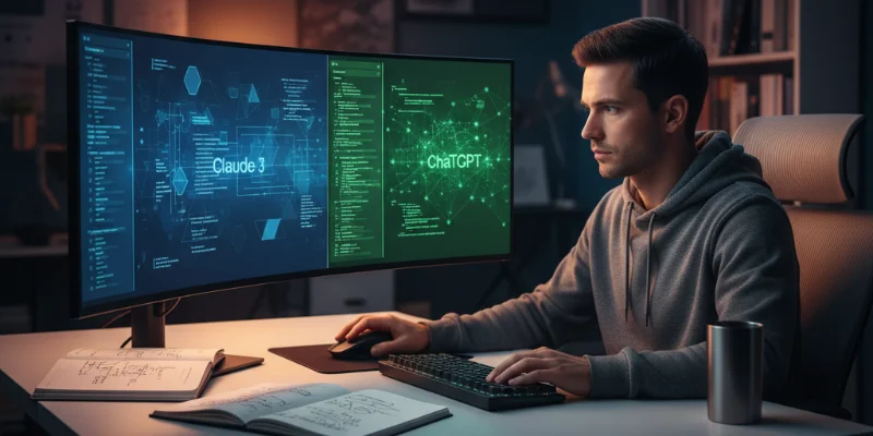 開発者がパソコンに向かって、2つのAIツールを同時に使用している様子。集中して作業している様子が伝わる写真。
