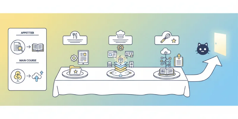 レストランのコース料理をポートフォリオの構成要素に例えたイラスト。前菜、メインディッシュ、デザートなどが、それぞれREADME、アプリケーション機能、ソースコードなどに置き換えられている。