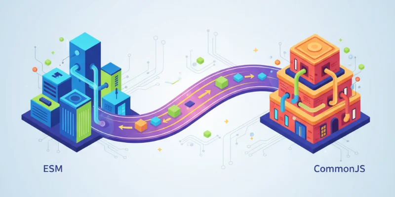 2つの異なるシステム（ESMとCommonJS）が、橋で繋がっている様子を表すイラスト。スムーズなデータの流れを表現。