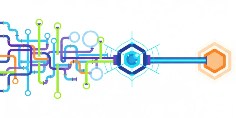 複雑な配管図のようなイラストで、NoInferを使うことで型推論の流れを制御し、不要な枝分かれを排除できる様子を表す。