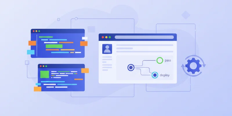 テキストエディタ、ターミナル、GitHubの画面などが配置された、整然とした開発環境のイラスト。
