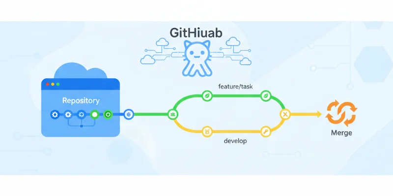 リポジトリ、コミット、ブランチ、マージの関係性を分かりやすい図で表現。それぞれの概念を象徴するアイコンを使用。