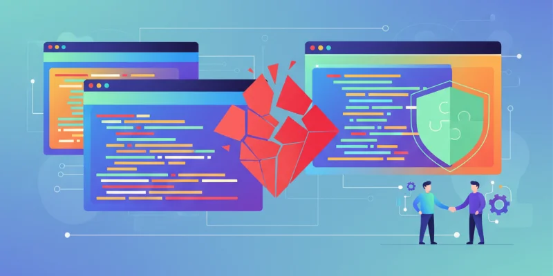 コンフリクト発生時の`readme.md`ファイルの内容と、それを解決する様子をイラストで表現。