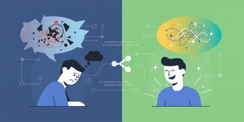 二つの吹き出し、一つはネガティブな言葉、もう一つはポジティブな言葉と笑顔のイラスト。