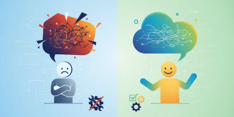 二つの吹き出し、一つは厳しい言葉で書かれたレビュー、もう一つは丁寧に書かれたレビューと笑顔のイラスト。