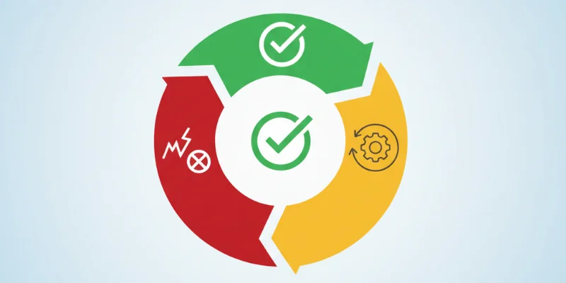 テスト駆動開発の3つのステップを視覚的に表現したイラスト。円状の図で、各ステップの色分けと簡単なアイコンで説明。