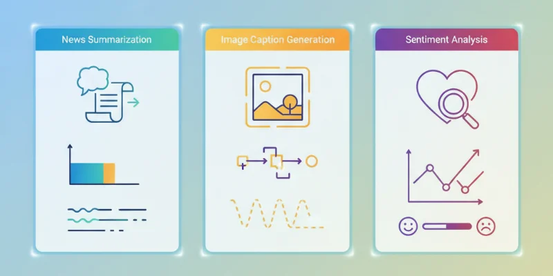 ニュース要約、画像キャプション生成、感情分析といった機能をそれぞれ小さなイラストで表現。各機能のUIを抽象的に示し、多様な活用可能性を示唆する。