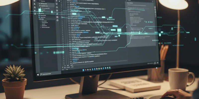 Android Studioの画面で、Geminiがコード生成している様子を示す写真。具体的なコードやメッセージは表示されないようにぼかし処理をする。開発環境の雰囲気を伝える。