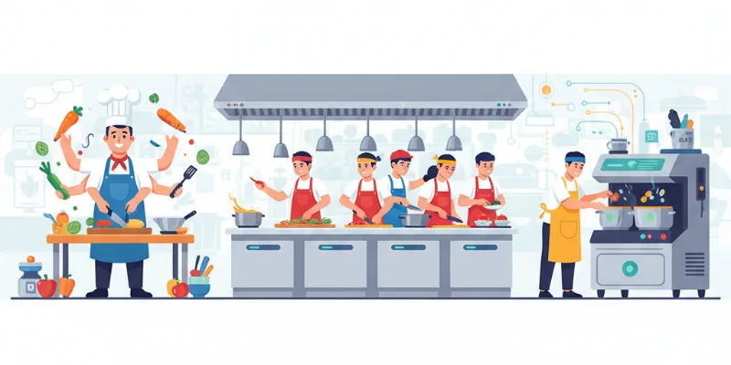 シェフ、専門職人集団、そして特殊な調理器具をそれぞれCPU、GPU、NPUに例えた、楽しく分かりやすいイラスト。