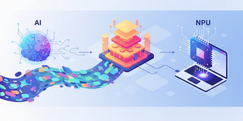 AI、LLM、NPUそれぞれの役割を分かりやすく表現した、抽象的なイラスト。複雑な技術を簡潔に示すイメージ。