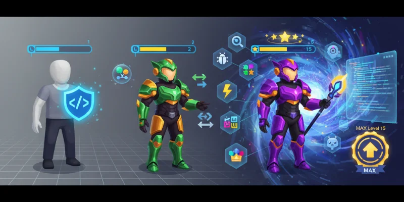 レベルアップするゲームキャラクターのようなイラストで、拡張機能の導入をゲームのレベルアップに例える。