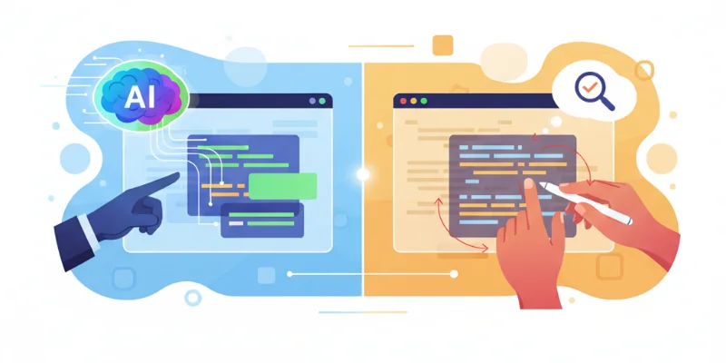 AIがコードを提案している様子と、それを人間が確認・修正する様子を対比させたイラスト。