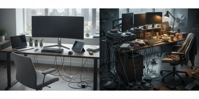 整理された作業スペースと、整理されていない作業スペースの写真の比較。