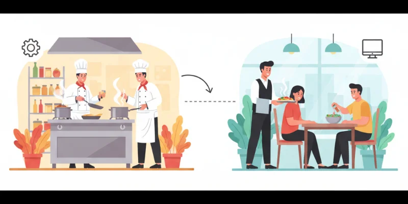 レストランの厨房でシェフが料理を作り、それをウェイターが客席(ブラウザ)に運ぶ様子のイラスト。一方、客席で客が自分でドレッシングをかけるサラダのイラストも併せて掲載。