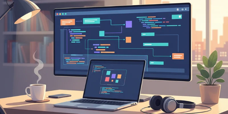 開発環境が整い、準備万端になった様子をイラストで表現。パソコン画面にコードが表示され、コーヒーカップなどが置かれた、リラックスした雰囲気のワークスペース。