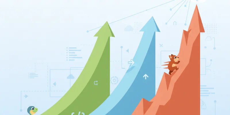 3つの言語の学習難易度を、異なる傾斜の坂道で表現したイラスト。Pythonの坂道はゆるやかで、Goの坂道は急勾配になっている。JavaScriptの中間的な坂道は、最初は緩やかだが途中から少し傾斜が強くなる様子を表す。