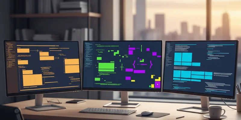 Python、JavaScript、Goのコード例がそれぞれ表示された3つのモニターの写真。それぞれのコードはシンプルで分かりやすい例になっている。