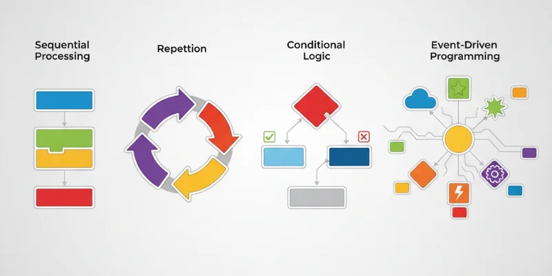 カラフルなブロックで構成されたフローチャートのような図解。順次処理、繰り返し、条件分岐、イベント駆動それぞれの処理の流れを分かりやすく表現。