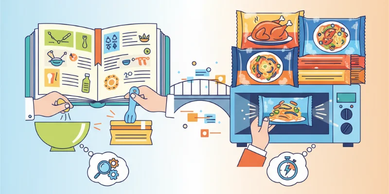 左側にレシピ（JavaScript）、右側に調理済みの冷凍食品（WebAssembly）を配置。それぞれの利点と役割分担を分かりやすく視覚化。