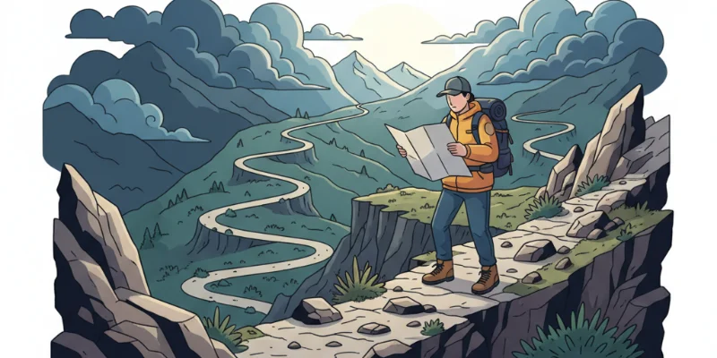 険しい山道を登る人物のイラスト。途中で立ち止まって地図を見ている様子。険しさや困難さを表現。
