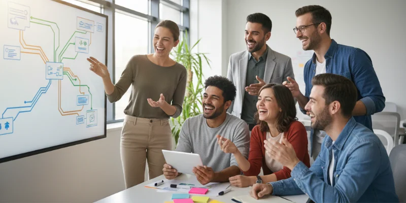 笑顔で協力して作業しているチームの写真。明るい雰囲気で、活気のある様子を表現。