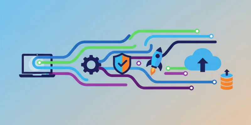 コードが自動的にテストやデプロイされる様子を、流れるようなラインとアイコンで表現したイラスト。