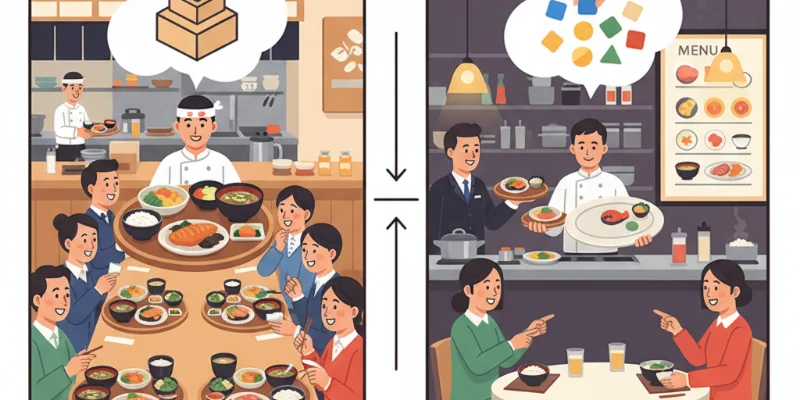 定食屋さん(REST)とアラカルトレストラン(GraphQL)の対比を表すイラスト。それぞれのメリット・デメリットを視覚的に表現。