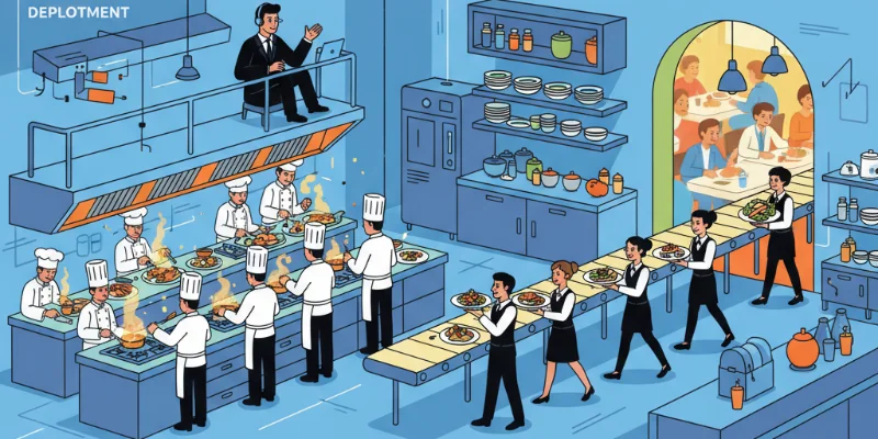 活気のあるレストラン厨房のイラスト。シェフ、調理台（Pod）、フロアマネージャー（Deployment）、ウェイター（Service）それぞれの役割が視覚的に分かりやすく表現されている。