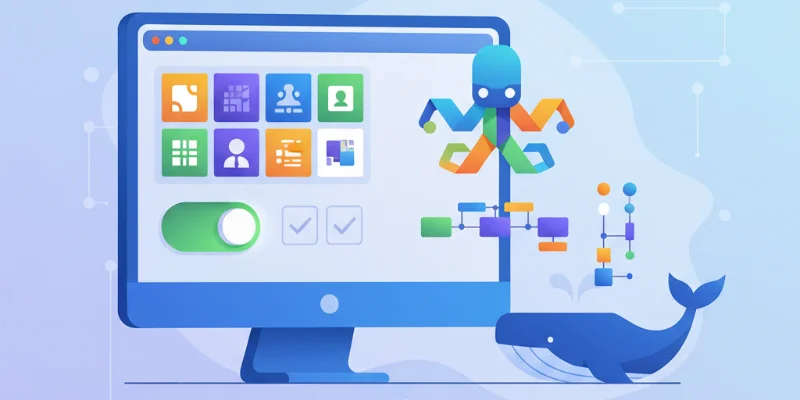 Docker Desktopの設定画面でKubernetesが有効化されている様子を示すイラスト。PCの画面上にKubernetes関連のアイコンやチェックボックスが表示されている様子を、親しみやすいタッチで表現する。