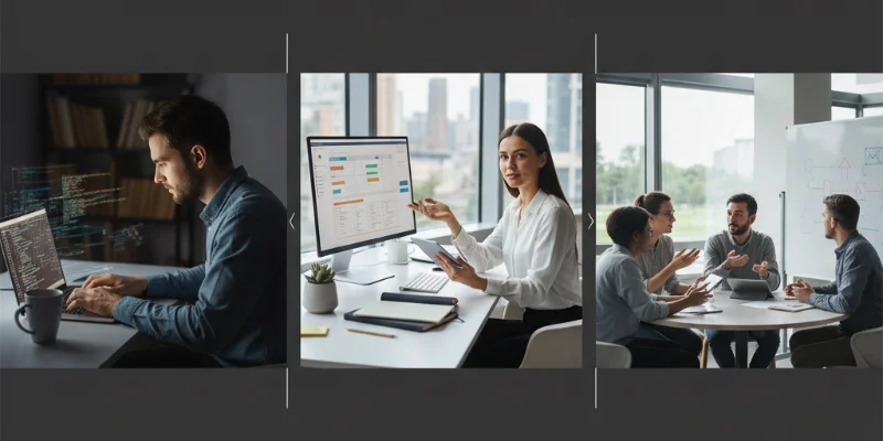 3つの異なる作業風景の写真。一つ目は集中してコードを書いている様子、二つ目は整理されたデスクで作業している様子、三つ目は複数人で活発に議論している様子。