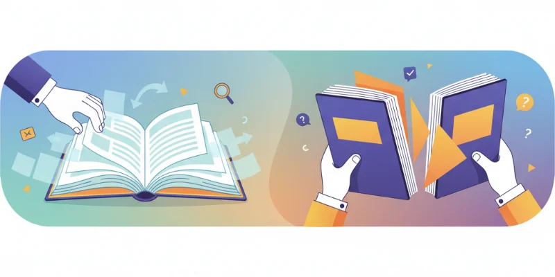 辞書を検索する様子を表現したイラスト。線形探索ではページを1枚ずつめくり、二分探索ではページを半分ずつに絞り込んでいく様子を対比して示す。