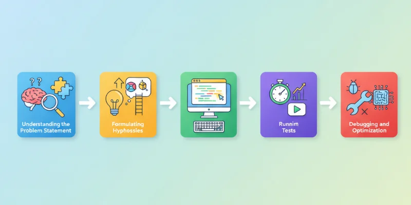 問題文の理解、仮説の立案、コード作成、テスト実行、デバッグという問題解決のプロセスを段階的に示したイラスト。