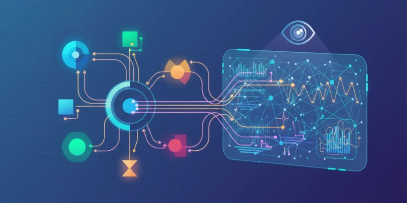 複数のサービスが連携して動作する様子と、OpenTelemetryによってそれらの状態が監視されている様子を抽象的にイラストで表現。データの流れや監視システムが視覚的に分かりやすいもの。